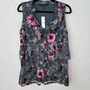 White House Black Market Boho Floral Sleeveless Blouse - Dark Green and Pink